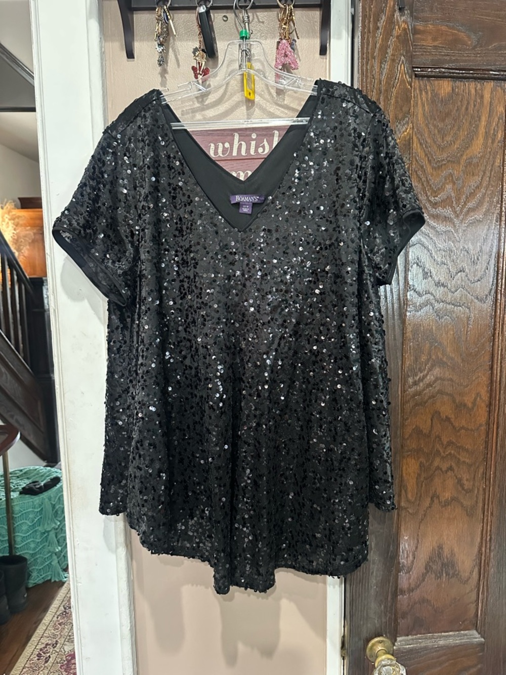 Roaman's Black Sequin V-Neck Short Sleeve Tunic